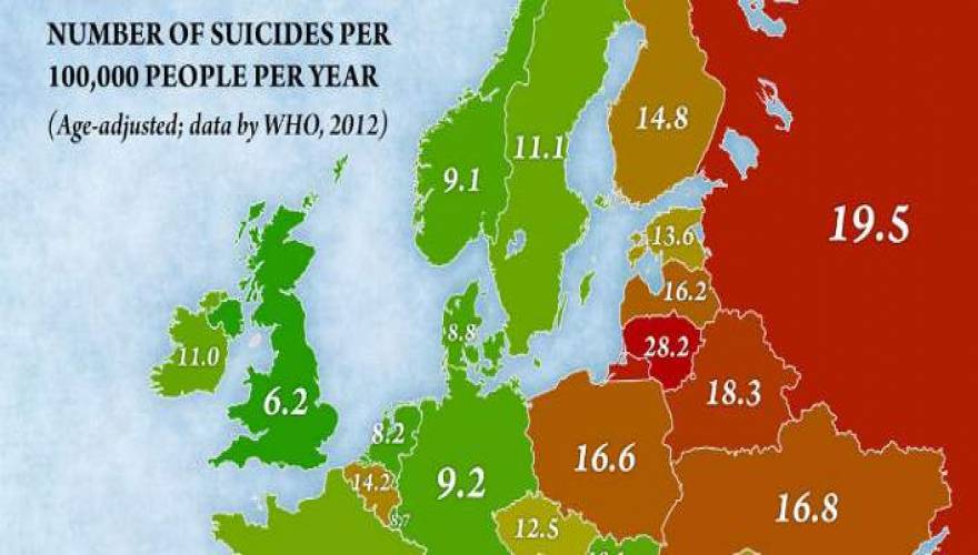 ΠΟΥ: Ο χάρτης με τα ποσοστά αυτοκτονιών στην Ευρώπη -Σε ποια θέση είναι η Ελλάδα